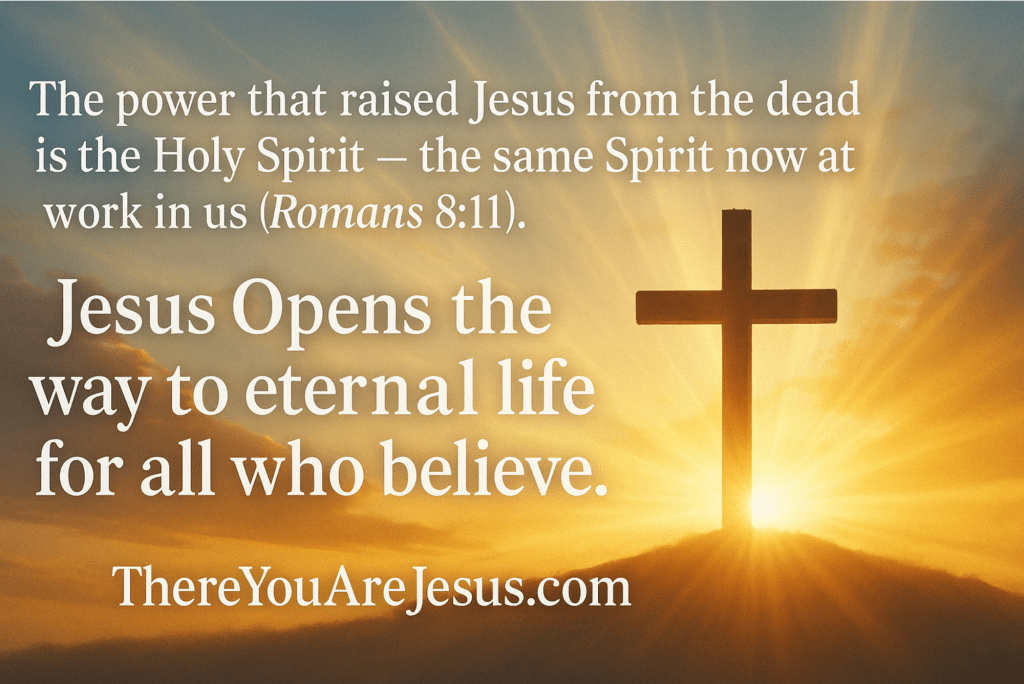 A golden sunrise with a cross silhouette and text about the Holy Spirit's power and eternal life.
