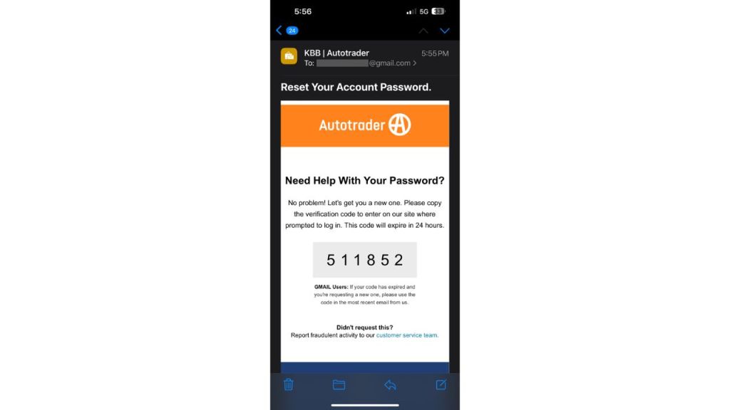 Email screenshot from Autotrader showing the password reset notification with a verification code.