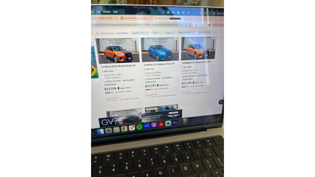 Screenshot of a webpage displaying multiple certified 2024 Nissan Kicks SV cars for sale, along with their prices and mileage details.
