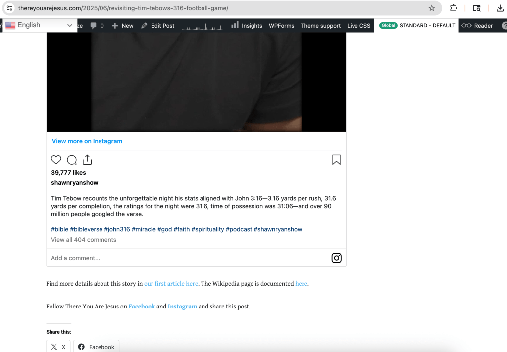 A close-up of a person wearing a black shirt, with text overlay showcasing an Instagram post about Tim Tebow's notable football game statistics. The post displays '39,777 likes' and includes hashtags related to faith and spirituality.